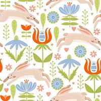 Easter seamless pattern with cute various bunnies, flowers and leaves. Texture for textile, postcard, wrapping paper, packaging etc. Vector illustration.