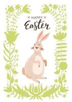 Happy Easter greeting card. Spring floristic frame border, bunny and stylish lettering. Vector illustration for card, invitation, poster, flyer etc.