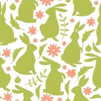 Easter seamless pattern with bunnies silhouette, flowers and leaves. Texture for textile, postcard, wrapping paper, packaging etc. Vector illustration.