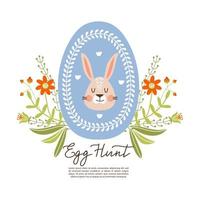 Happy Easter egg hunt invitation template with copy space. Colored egg with bunny, flowers and branches. Vector illustration for holiday card, invitation, poster, flyer etc.