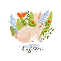 Happy Easter greeting card with cute bunny, flowers, leaves and lettering. Rabbit on a floral background. Vector illustration for card, invitation, poster, flyer etc.