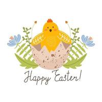 Happy Easter greeting card with cute cartoon chicken, flowers, leaves and lettering. Chick on a floral background. Vector illustration for card, invitation, poster, flyer etc.
