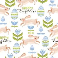 Easter seamless pattern with cute bunnies, egg, flowers, leaves and lettering. Texture for textile, postcard, wrapping paper, packaging etc. Vector illustration.