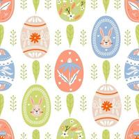 Easter seamless pattern with various colored eggs, flowers and leaves. Texture for textile, postcard, wrapping paper, packaging etc. Vector illustration.