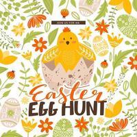 Happy Easter egg hunt invitation template. Cute cartoon chicken, colored egg, flowers, branches and lettering. Vector illustration for holiday card, invitation, poster, flyer etc.
