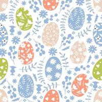 Easter seamless pattern with various colored eggs, flowers and leaves. Texture for textile, postcard, wrapping paper, packaging etc. Vector illustration.