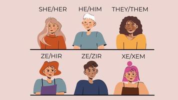 People with gender pronouns. She, he, they, non-binary. vector flat characters design