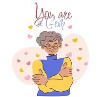 old-aged woman hugging herself. The concept of self-love, self care. vector flat character illustration with text