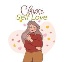 mujer abrazando sí misma. el concepto de amor propio, yo cuidado. escoger yo amor. vector plano personaje ilustración con texto