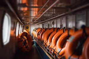 ship cabin with orange lifebuoys photo