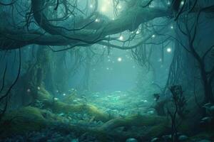 morning foggy magical enchanted forest photo