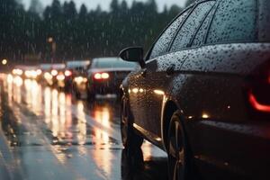 coche tráfico mermelada en el la carretera lluvia malo clima generativo ai foto