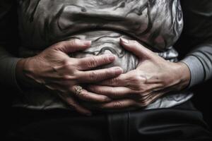 woman holding hands on her belly, stabbing pain in abdomen diarrhea photo