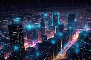 web network illuminated digital night city, cityscape web3 blockchain technology Internet connection photo