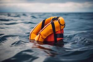 inflatable life jacket, safety in open water at sea ocean photo