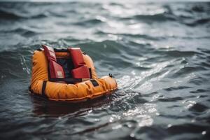 inflatable life jacket, safety in open water at sea ocean photo