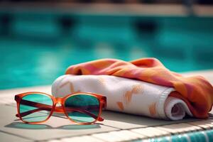 sun glasses and towel summer vacation by the pool photo