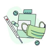 flat vector illustration, mask, pill case and thermometer.