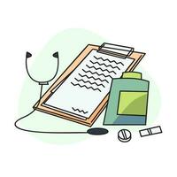 flat illustrations of stethoscopes, board mats and pill cases and pills vector