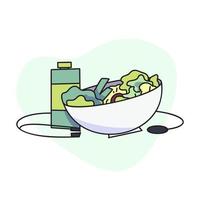 flat illustration of salad and drinking water with stethoscope. vector