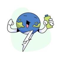 flat vector illustration, cute globe holding drinking water or juice.