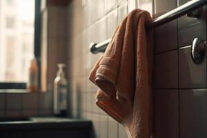 un bañera toalla en un percha en baño generativo ai foto