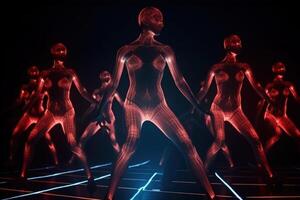 dancing neon cyber girls red hologram photo