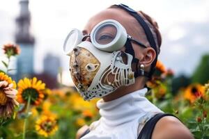 fashion cyber woman in flower field on background futuristic city landscape photo