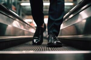 businessman legs in a suit and shoes down steir the escalator shopping center photo