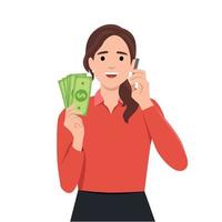 Woman holding smartphone and dollars she is calling someone on phone with happy face vector