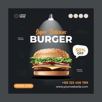 súper delicioso hamburguesa- social medios de comunicación enviar modelo. adecuado para social medios de comunicación publicaciones y web o Internet anuncios vector ilustración con foto colega.