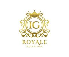 Golden Letter IG template logo Luxury gold letter with crown. Monogram alphabet . Beautiful royal initials letter. vector