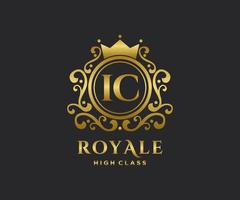 Golden Letter IC template logo Luxury gold letter with crown. Monogram alphabet . Beautiful royal initials letter. vector