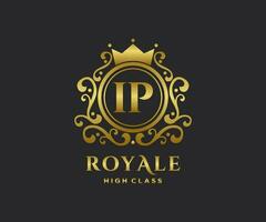 Golden Letter IP template logo Luxury gold letter with crown. Monogram alphabet . Beautiful royal initials letter. vector