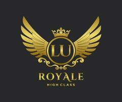 Golden Letter LU template logo Luxury gold letter with crown. Monogram alphabet . Beautiful royal initials letter. vector