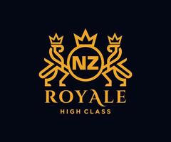 Golden Letter NZ template logo Luxury gold letter with crown. Monogram alphabet . Beautiful royal initials letter. vector