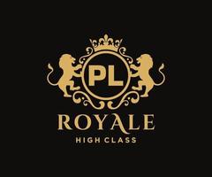 Golden Letter PL template logo Luxury gold letter with crown. Monogram alphabet . Beautiful royal initials letter. vector