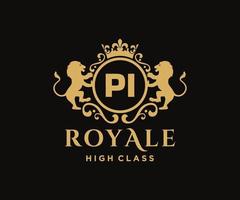 Golden Letter PI template logo Luxury gold letter with crown. Monogram alphabet . Beautiful royal initials letter. vector