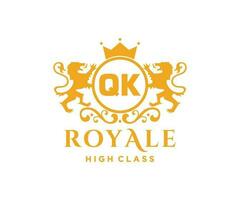 Golden Letter QK template logo Luxury gold letter with crown. Monogram alphabet . Beautiful royal initials letter. vector