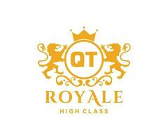 Golden Letter QT template logo Luxury gold letter with crown. Monogram alphabet . Beautiful royal initials letter. vector