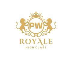 Golden Letter PW template logo Luxury gold letter with crown. Monogram alphabet . Beautiful royal initials letter. vector