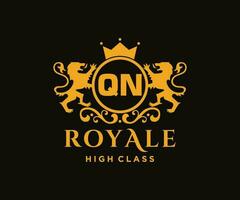 Golden Letter QN template logo Luxury gold letter with crown. Monogram alphabet . Beautiful royal initials letter. vector