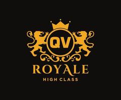 Golden Letter QV template logo Luxury gold letter with crown. Monogram alphabet . Beautiful royal initials letter. vector