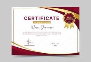 Award certificate template. fancy red color gradation, with gold outline. line pattern, wave, vector illustration