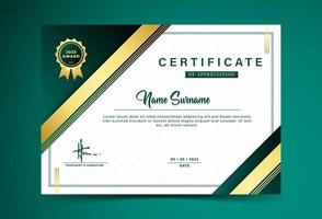 Award certificate template. luxury green color gradation, with gold lines. line pattern, blank award design. Vector Illustration