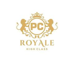 Golden Letter PC template logo Luxury gold letter with crown. Monogram alphabet . Beautiful royal initials letter. vector