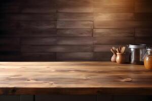 Empty wooden table and blurred background. For product display. photo