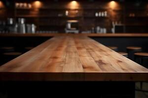 Empty wooden table and blurred background. For product display. photo