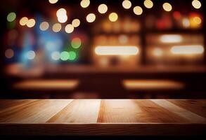 Empty wooden table and bokeh lights background, For product display. photo