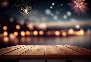 Wooden table and bokeh of fireworks on the background. photo